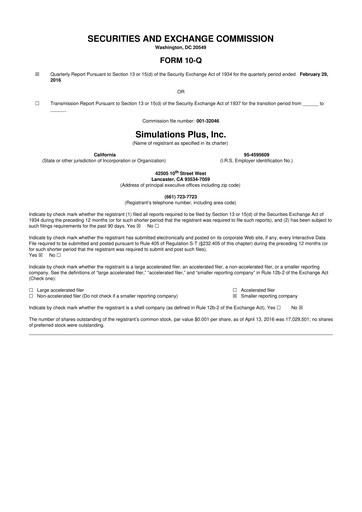 Miniature Simulations Plus
 10-Q Rapport trimestriel 2016 