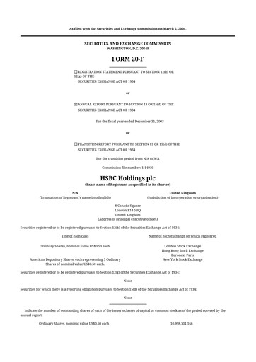 Miniature HSBC 20-F Rapport annuel 