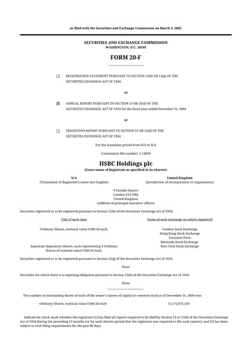 Miniature HSBC 20-F Rapport annuel 