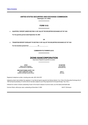 Miniature Zions Bancorporation
 10-Q Rapport trimestriel  