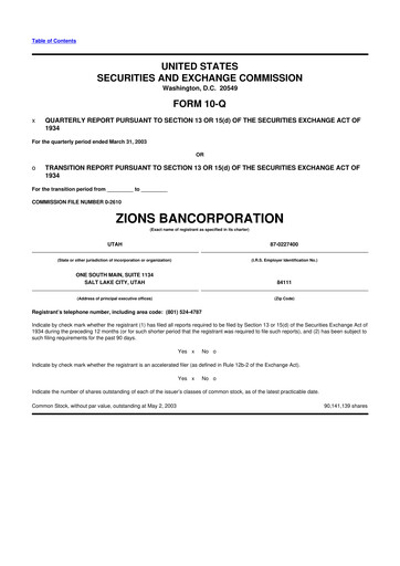 Miniature Zions Bancorporation
 10-Q Rapport trimestriel  