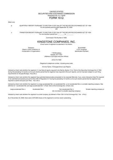 Thumbnail Kingstone Companies 10-Q Quarterly Report FY 