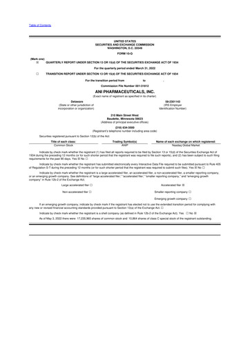 Thumbnail ANI Pharmaceuticals 10-Q Quarterly Report FY2022 