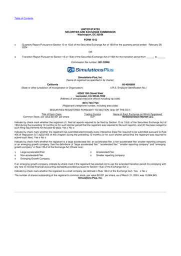Miniature Simulations Plus
 10-Q Rapport trimestriel 2024 
