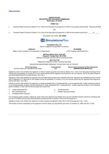 Miniature Simulations Plus
 10-Q Rapport trimestriel 2025 