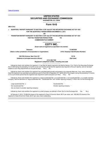 Miniature Coty 10-Q Rapport trimestriel 2016 