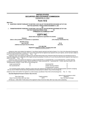 Miniature Coty 10-Q Rapport trimestriel 2022 