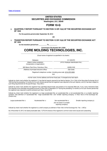Miniature Core Molding Technologies 10-Q Rapport trimestriel 2012 