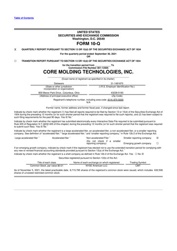 Miniature Core Molding Technologies 10-Q Rapport trimestriel 2021 