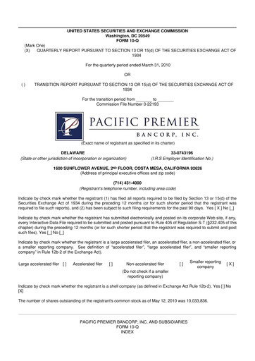 Thumbnail Pacific Premier Bancorp
 10-Q Quarterly Report FY 