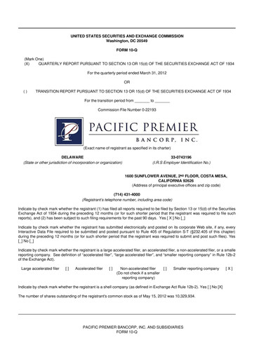 Thumbnail Pacific Premier Bancorp
 10-Q Quarterly Report FY2012 