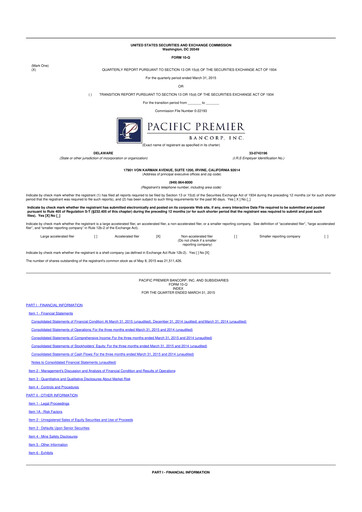 Thumbnail Pacific Premier Bancorp
 10-Q Quarterly Report FY2015 