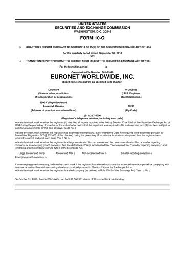 Thumbnail Euronet Worldwide
 10-Q Quarterly Report FY2018 