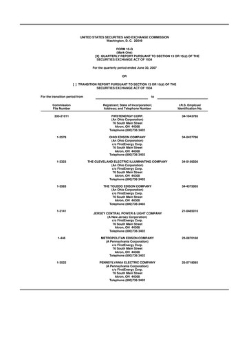 Thumbnail FirstEnergy 10-Q Quarterly Report FY 