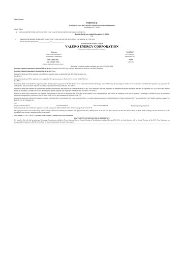 Thumbnail Valero Energy 10-K Annual Report 2010