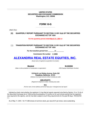 Thumbnail Alexandria Real Estate Equities
 10-Q Quarterly Report FY 