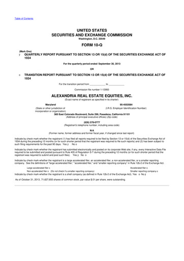 Thumbnail Alexandria Real Estate Equities
 10-Q Quarterly Report FY2013 
