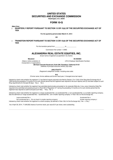 Thumbnail Alexandria Real Estate Equities
 10-Q Quarterly Report FY2014 