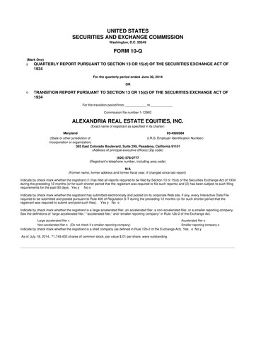 Thumbnail Alexandria Real Estate Equities
 10-Q Quarterly Report FY2014 