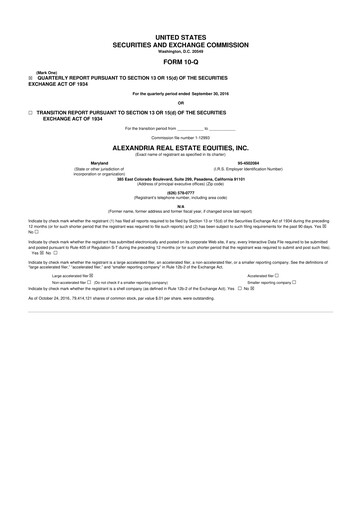 Thumbnail Alexandria Real Estate Equities
 10-Q Quarterly Report FY2016 