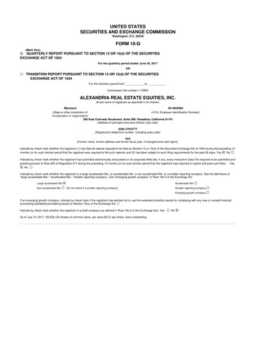 Thumbnail Alexandria Real Estate Equities
 10-Q Quarterly Report FY2017 