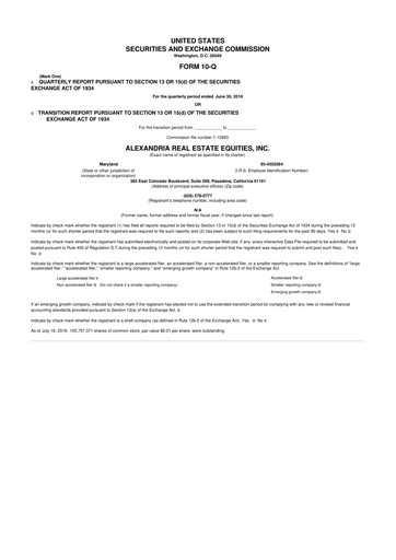 Thumbnail Alexandria Real Estate Equities
 10-Q Quarterly Report FY2018 