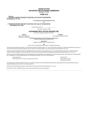 Thumbnail Alexandria Real Estate Equities
 10-Q Quarterly Report FY2018 