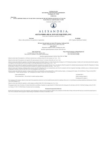 Thumbnail Alexandria Real Estate Equities
 10-K Annual Report 2018