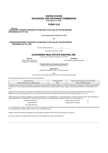 Thumbnail Alexandria Real Estate Equities
 10-Q Quarterly Report FY2020 