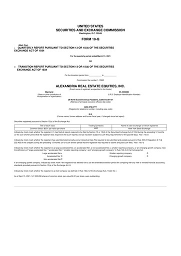 Thumbnail Alexandria Real Estate Equities
 10-Q Quarterly Report FY2021 