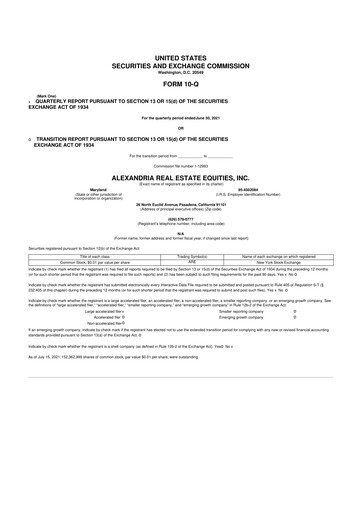 Thumbnail Alexandria Real Estate Equities
 10-Q Quarterly Report FY2021 