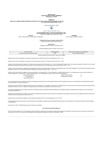 Thumbnail Alexandria Real Estate Equities
 10-K Annual Report 2023