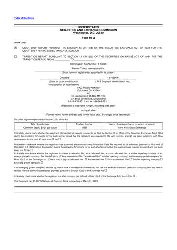 Thumbnail Mettler Toledo 10-Q Quarterly Report FY2020 