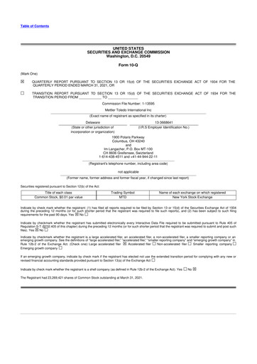 Thumbnail Mettler Toledo 10-Q Quarterly Report FY2021 