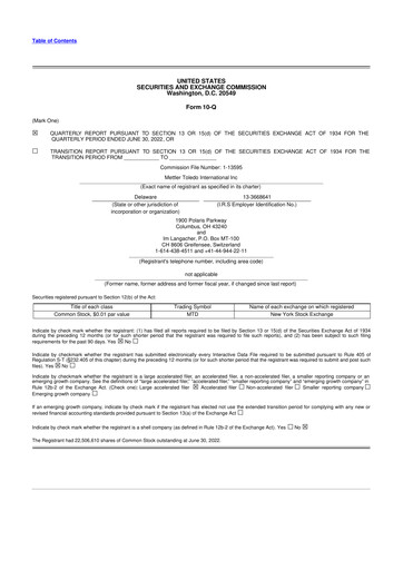 Thumbnail Mettler Toledo 10-Q Quarterly Report FY2021 