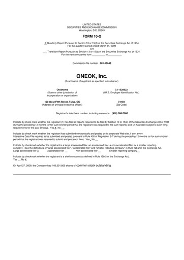 Vorschaubild Oneok 10-Q Quartalsbericht  