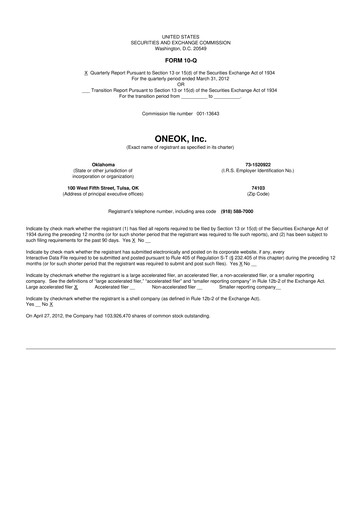 Vorschaubild Oneok 10-Q Quartalsbericht 2012 