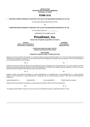 Thumbnail PriceSmart
 10-Q Quarterly Report FY2012 