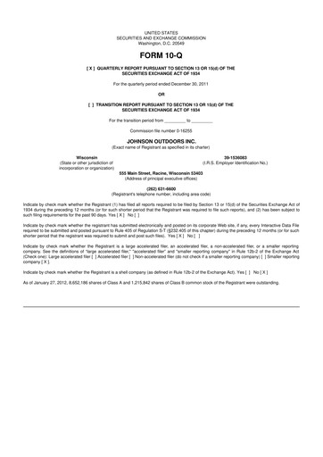 Thumbnail Johnson Outdoors
 10-Q Quarterly Report FY2012 