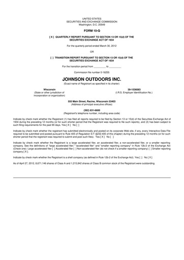 Thumbnail Johnson Outdoors
 10-Q Quarterly Report FY2012 