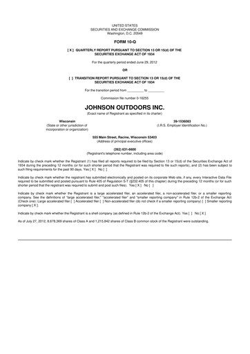 Thumbnail Johnson Outdoors
 10-Q Quarterly Report FY2012 