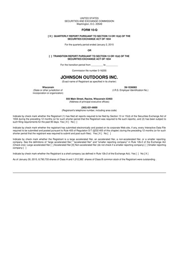 Thumbnail Johnson Outdoors
 10-Q Quarterly Report FY2015 