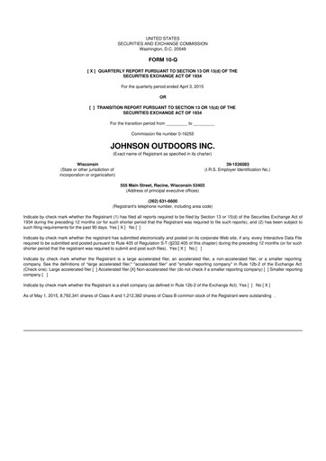 Thumbnail Johnson Outdoors
 10-Q Quarterly Report FY2015 