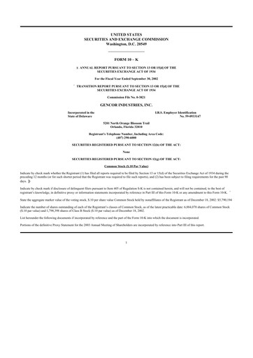 Miniature Gencor Industries
 10-K Rapport annuel 