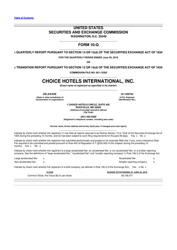 Miniature Choice Hotels International 10-Q Rapport trimestriel 2016 