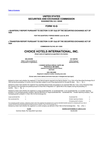 Miniature Choice Hotels International 10-Q Rapport trimestriel 2018 