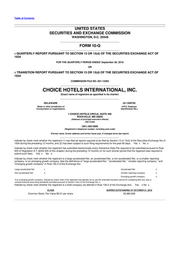 Miniature Choice Hotels International 10-Q Rapport trimestriel 2018 