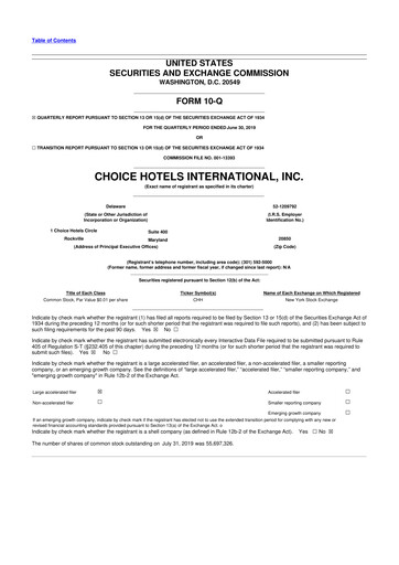 Miniature Choice Hotels International 10-Q Rapport trimestriel 2019 