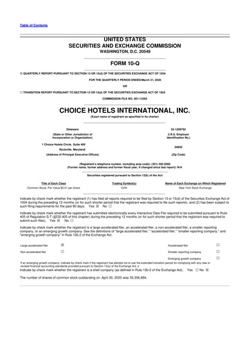 Miniature Choice Hotels International 10-Q Rapport trimestriel 2020 