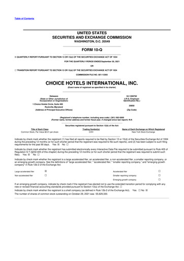 Miniature Choice Hotels International 10-Q Rapport trimestriel 2021 